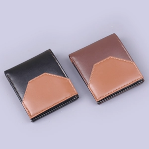 Men's bifold wallet with two-tone leather design and multi-card slots in black and brown