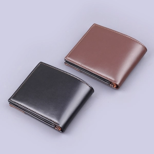 Men's bifold leather wallet in black and dark brown with multi-card slots and contrast stitching