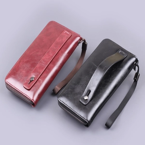Elegant leather long clutch wallet with wristlet strap in burgundy and black finishes