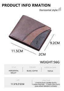 Detailed size and structure guide for men's bi-fold wallet with card slots and zipper