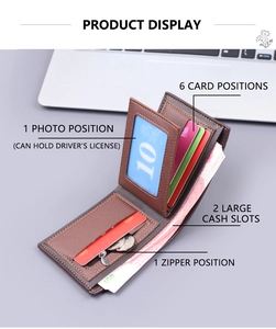 Detailed interior of brown leather wallet with six card slots and a zipped coin pocket