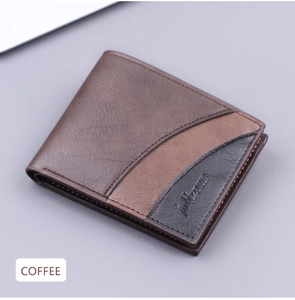 Detail view of coffee bifold wallet featuring tricolor spliced leather and embossed logo
