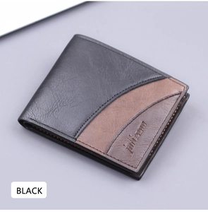 Detail of short bifold wallet for men in black leather with brown curved patchwork design