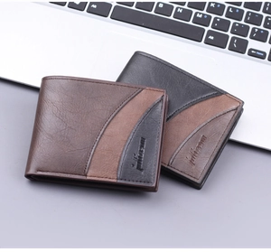 Short leather bifold wallets for men with lychee texture displayed on a laptop keyboard
