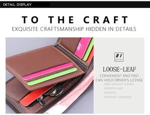 Detail of brown leather wallet interior showing card slots and zipper pocket functionality