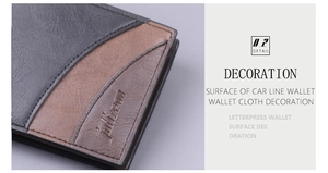 Detail of bifold wallet with contrast stitching and embossed logo on PU leather