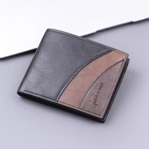 Men Bifold Wallet PU Leather Short Retro Color Block Card Holder With Zipper Coin Pocket Lightweight Business Purse