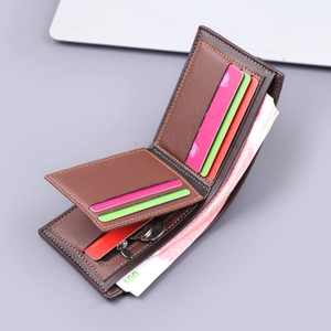 Men's brown leather bifold wallet with multi-card slots and zippered coin pocket