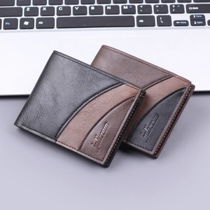 Slim bi-fold men's leather wallet with contrast stitching and multi-card slots design