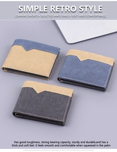 Détail de trois portefeuilles en toile bicolore montrant la texture rétro et la couture