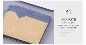 Détail du portefeuille en toile bicolore avec surpiqûres précises et texture durable