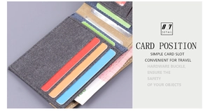 Détail du portefeuille en toile avec fentes de cartes colorées et coutures blanches