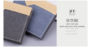 Détail du portefeuille en toile durable montrant les coutures blanches et le design industriel