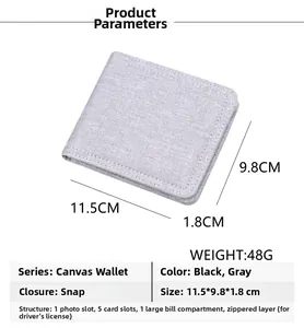 Short grey canvas bifold wallet with size dimensions, zipper layer and card slots