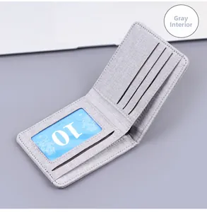Internal view of grey canvas wallet showing three card slots and transparent ID window