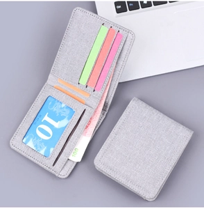 Short grey canvas bi-fold wallet for men with card slots and clear ID window view