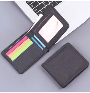 Detailed interior of black canvas bifold wallet with multiple card slots and ID window