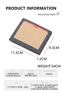 Detailed specifications of slim denim wallet showing internal card slots and 11.5x9.3cm size