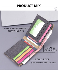 Functional denim bifold wallet showing 8 card slots, photo holder and large cash sections