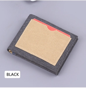 Detail of bifold canvas wallet featuring external card slot and durable stitching