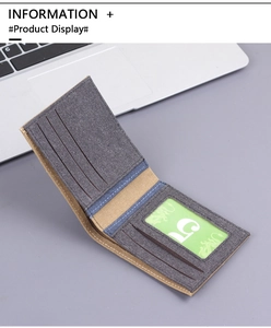 Detail of bifold denim wallet showing internal card slots and transparent ID window