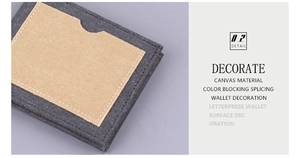 Detail of canvas bifold wallet featuring gray and khaki color blocking with neat stitching