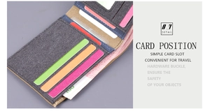 Detail view of khaki and grey canvas wallet with multiple vertical card slots