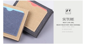Detail of slim denim card wallet featuring contrast stitching and durable canvas texture