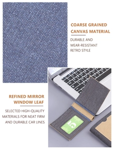 Detailed close-up of gray canvas wallet texture with card slots and transparent window