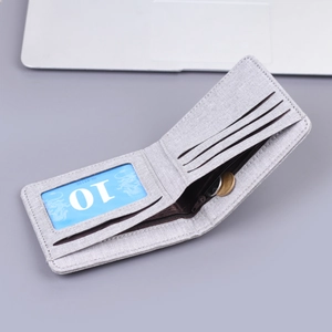 Short grey canvas bifold wallet for men with zipper pocket and multiple card slots