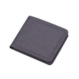 Short bifold canvas wallet for men in dark grey with reinforced stitching and zipper
