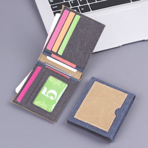 Men's denim canvas bi-fold wallet featuring multi-card slots in blue and khaki