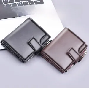 Vertical tri-fold leather wallet for men featuring multiple card slots and snap closure