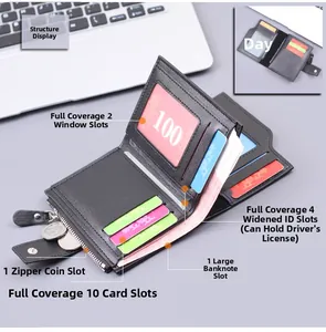 Internal view of a multi-slot men's vertical trifold wallet with clear ID windows