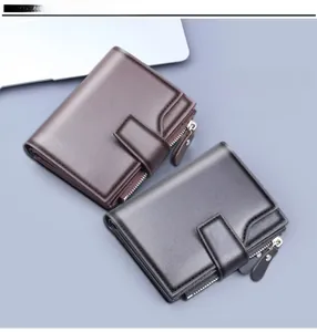 Detailed close-up of brown and black leather tri-fold wallets with zipper closure