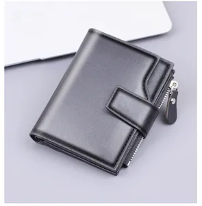 Vertical black matte leather men's wallet with zipper pocket and snap buckle closure