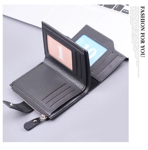 Internal layout of men's tri-fold wallet with card slots, photo ID window and zipper pocket