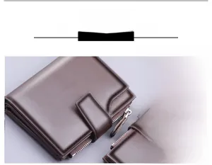 Detail of dark brown leather men's tri-fold wallet with metal zipper and buckle