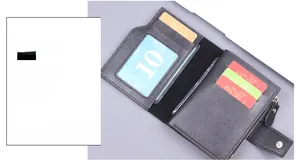 Detailed view of black litchi texture leather wallet with card slots and ID window