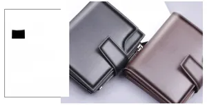 Close-up of black and coffee men's wallets with textured faux leather and zip pocket detail