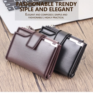 Short men's wallet with zipper and buckle detail on a wood desk background