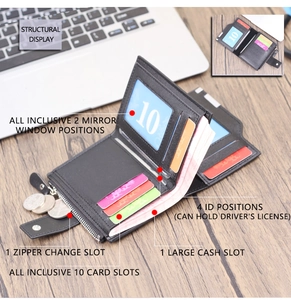 Detailed view of open vertical wallet with 10 card slots and coin pocket on wood table