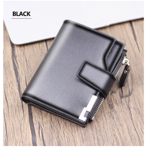 Detail view of black men's wallet with button closure, zipper pocket and leather texture