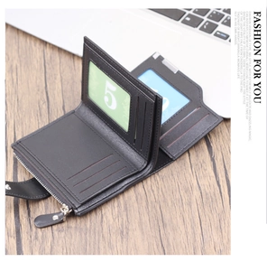 Detail view of black leather vertical wallet with multi-card slots and side zipper pocket