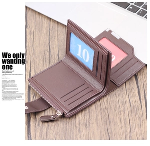 Detailed internal layout of brown vertical leather wallet with card slots and zipper pocket