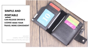 Detail of men's vertical leather wallet with card slots, ID window and zipper pocket