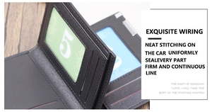 Detailed view of black litchi leather wallet card slots with exquisite neat stitching