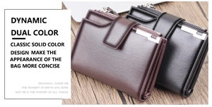 Detailed view of men's short wallets in black and dark brown PU leather with zip pocket