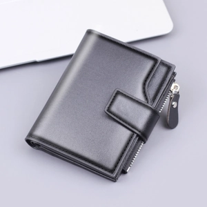 Men's Short PU Leather Wallet Trifold Card Holder With Zipper Pocket Button Closure Solid Color Minimalist Business Purse