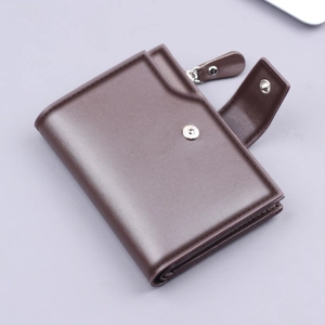Classic dark brown tri-fold men's leather wallet with zipper pocket and magnetic snap